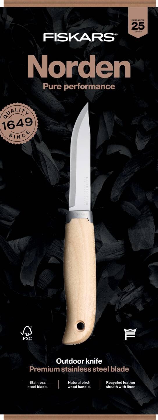 Fiskars Norden Outdoor-Messer, Inkl. Futteral, Klingenlänge: 98 mm, Gesamtlänge: 21,5 cm, Rostfreier Stahl/FSC-zertifiziertes Birkenholz, 1072090
