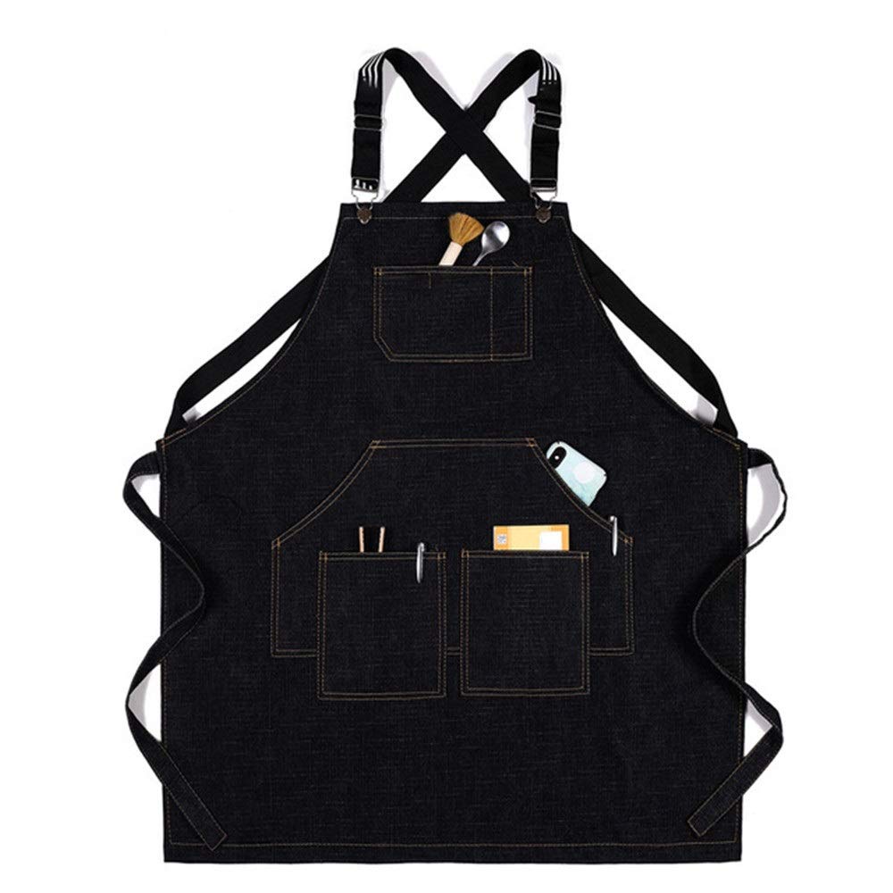 Delantal de trabajo resistente con múltiples bolsillos for herramientas, delantal ajustable con espalda cruzada for cortar el pelo, tienda de té, barista, carpintero, pintura, monos de trabajo(Noir)