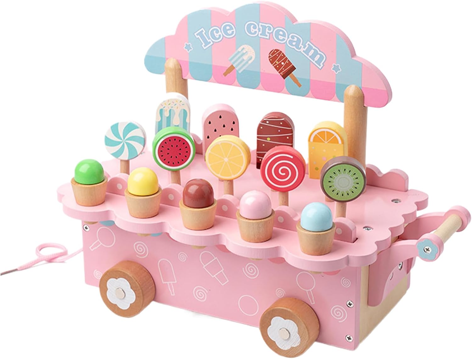 Imaginative Dessert Cart, Pretend Service Playset, Compact Size Party Fun, Wood Material Color Accents, Toy Food Vendor, Ice Treat Stand for Home Events Use Indoor Outdoor