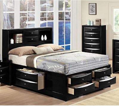 Contemporary Wood Storage Bed Frame Full Size with 8 Storage Drawers, Bookcase Headboard for Master or Guest Room No Box Spring Required Easy Assembly Full Bed, Black