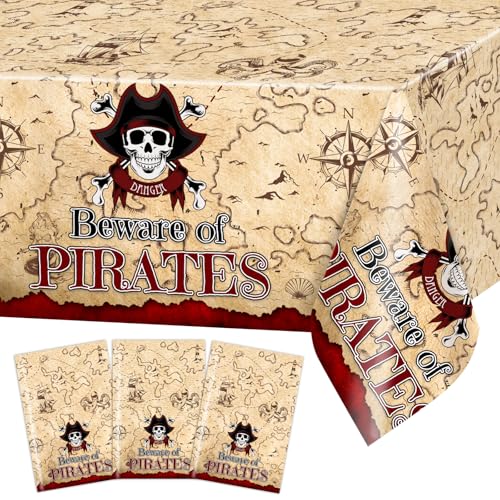 Avezano 3 pcs Pirate Tablecloths 108x54 inch Treasure Map Pirate Party Decorations Nautical for Kids Adults Birthday Halloween Parties