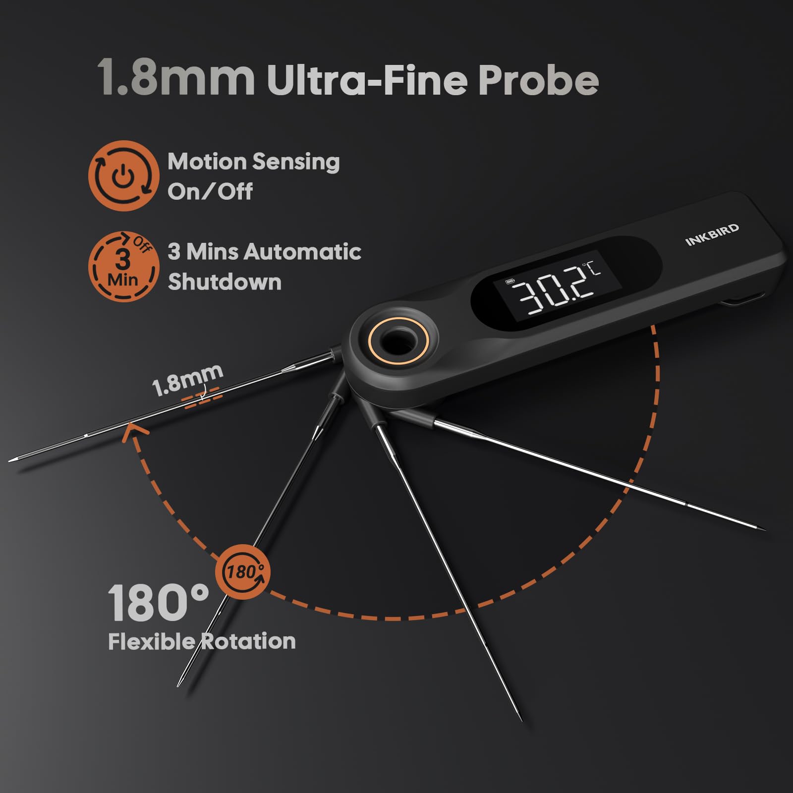 INKBIRD IHT-51K Termómetro Digital para Carne, Termómetro para Barbacoa de Pantalla Dual, Sonda Ultradelgada de 1.8 mm, Reacción de 0.5 Segundos, Impermeable IP65, Termómetro para Horno de Cocina