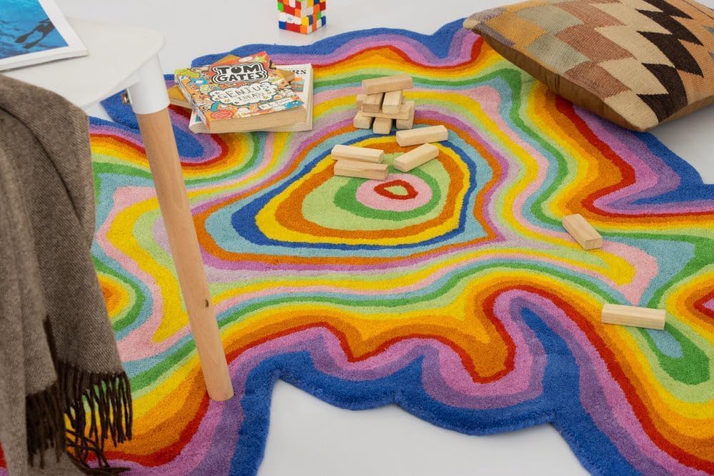 Irregular Shaped Throw Rug Illusion Pattern | Handmade 100% Wool Modern Colourful Stripe Hand-Tufted Area Rugs (4x4 Feet)