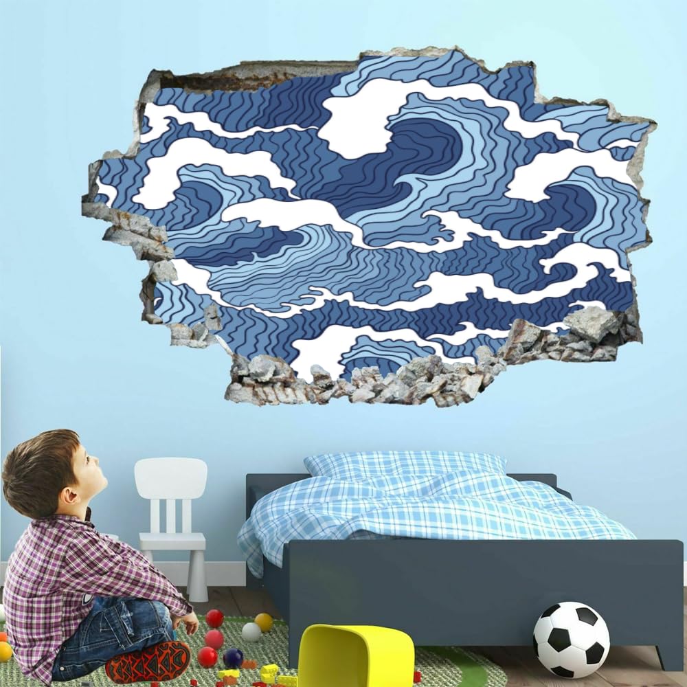 Adesivi murali 3D Murales fracassati Onde blu Decalcomanie da pavimento rimovibili Arte Arte astratta per camera da letto Soggiorno Porta del bagno Cucina Ufficio Nursery Decorazione murale