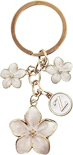 Pink/White/Black Cute Enamel Flower Initial Letter Bag Charms Keychain Aesthetic Accessory Keyring Purse Backpacks