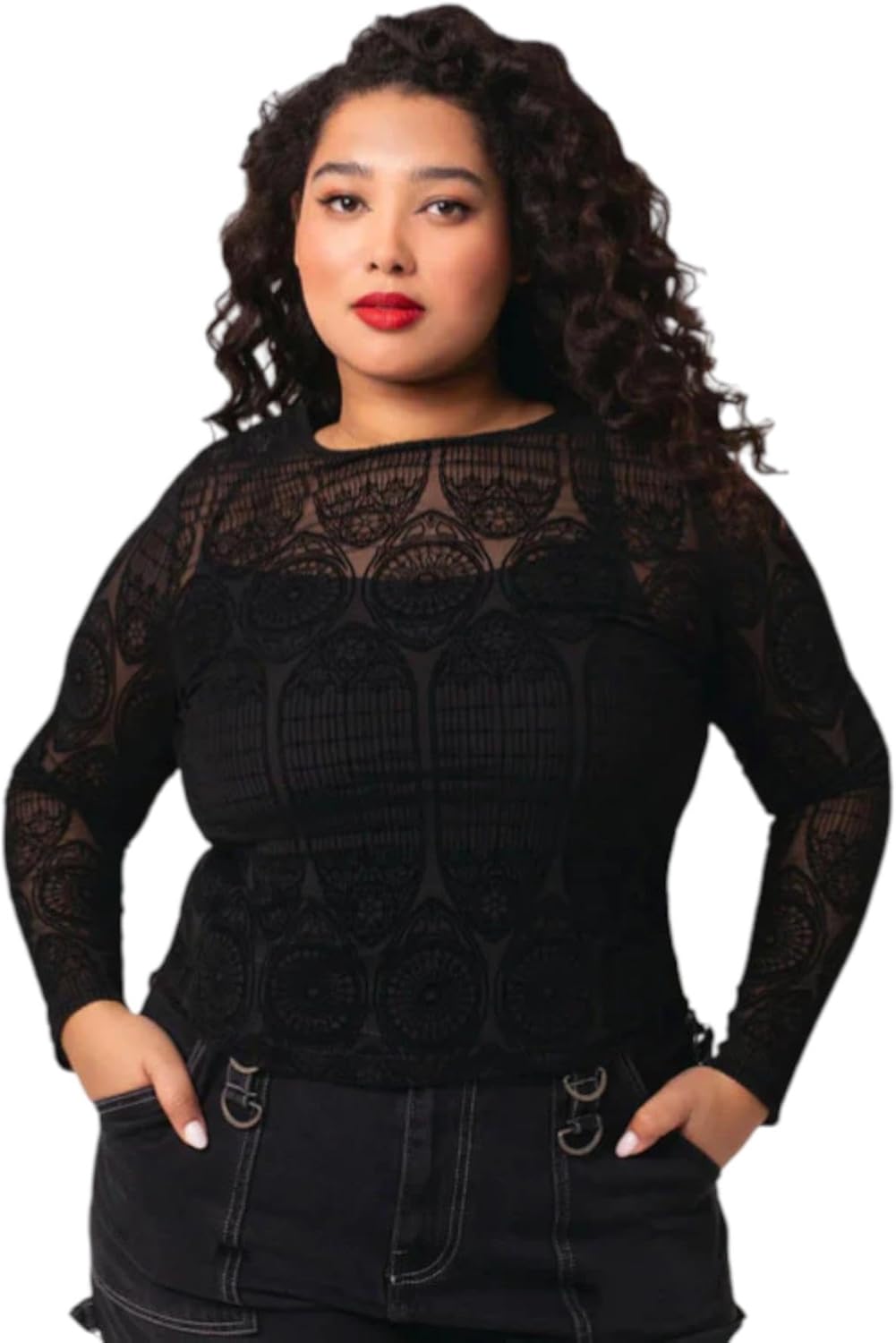 Hell Bunny MEA Culpa Top Black Gothic Flocked Mesh Long Sleeve Sheer Top