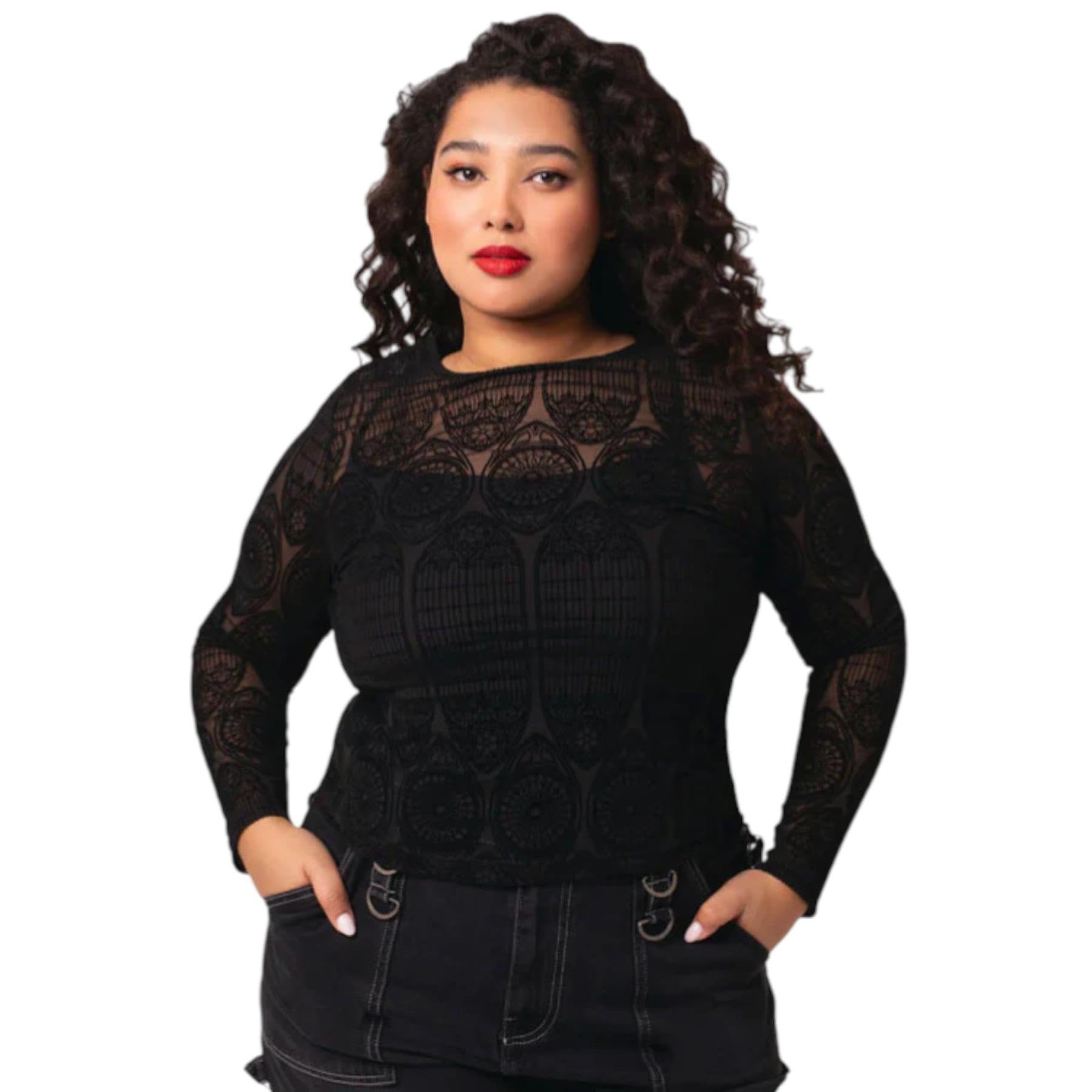 Hell Bunny MEA Culpa Top Black Gothic Flocked Mesh Long Sleeve Sheer Top, Black, M