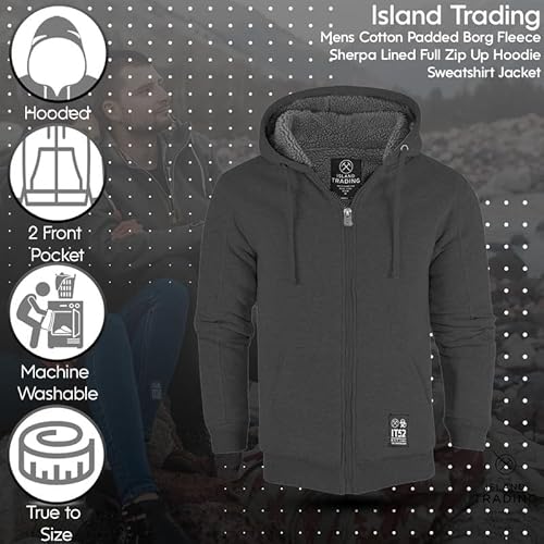 Island Trading Mens Cotton Padded Borg Fleece Sherpa Lined Full Zip Up Hoodie Sweatshirt Jacket Medium Black - 6