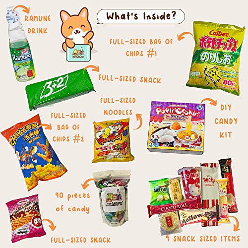 Mashi Box Deluxe Asian Dagashi Snack Box - 55 Pieces - 6 FULL SIZED ITEMS, Comes with Ramune Drink, Asian Noodles, Asian Chips, Asian Candy