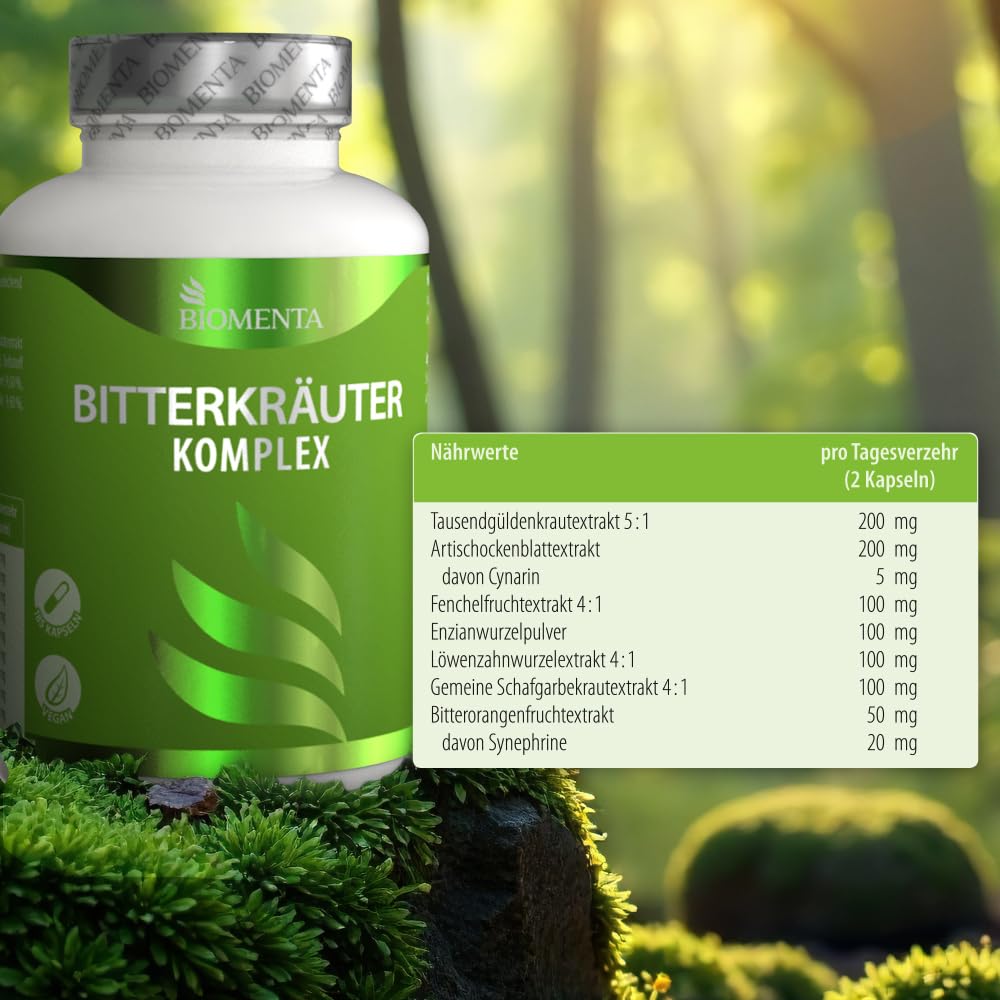 BIOMENTA Bitterkräuter Komplex - 185 hochdosierte, synergetisch zusammengestellte Bitterstoffe Kapseln mit 7 Bitterkomplex - ohne Alkohol + vegan - Premiumqualität