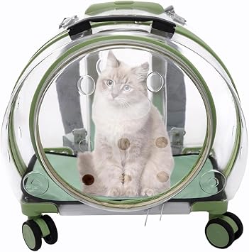 Transparent & Fully Breathable Hard Cat Carrier, Portable Cat Carrier Backpack with Rolling Wheels Pet Trolley Case Multiple Carrying Options for Cats Small Pets Walking Traveling Green, Clear
