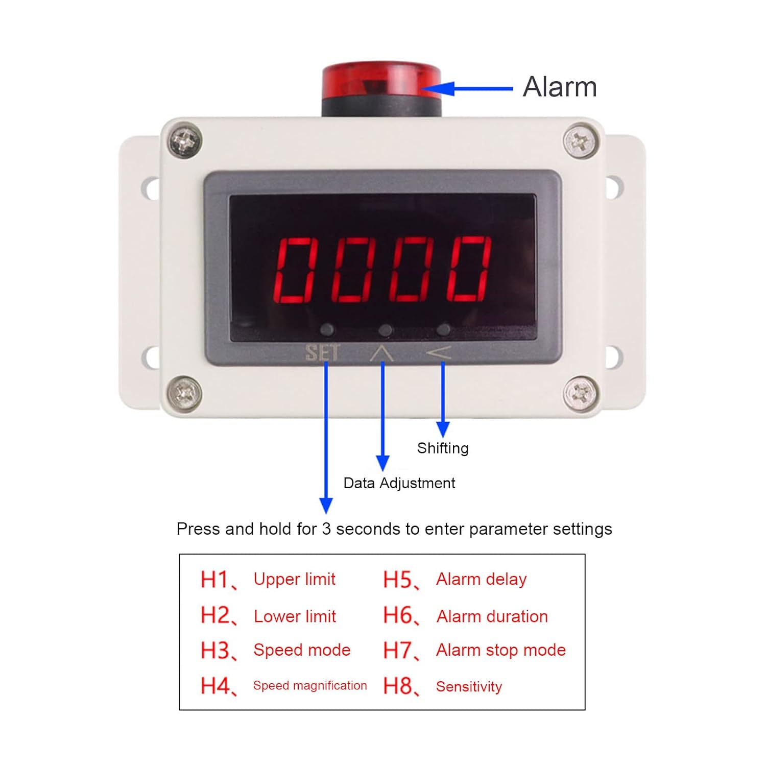 Motor Tachometer Easy Installation Magnetic Induction Hall Sensor Anti Interference Digital RPM Speed Meter with Alarm US Plug 100‑240V