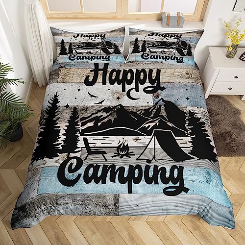 Happy Camping Comforter Cover Rustic Farmhouse Style Duvet Cover Queen for Boys Kids Teens Camper Bedding Set Black Sketch Drawing Bed Set Camping Decor,Vintage Old Barn Door Cottage Room De
