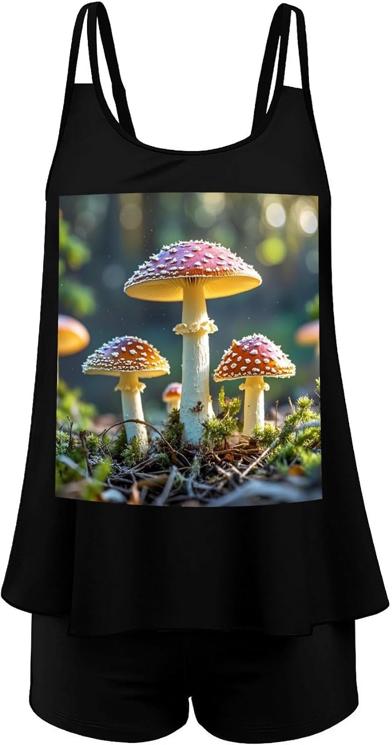Colorful Mushroom Image Tankini Swimsuits for Women Tummy Control Two Piece Bathing Suits Swim Tops with Boy Shorts