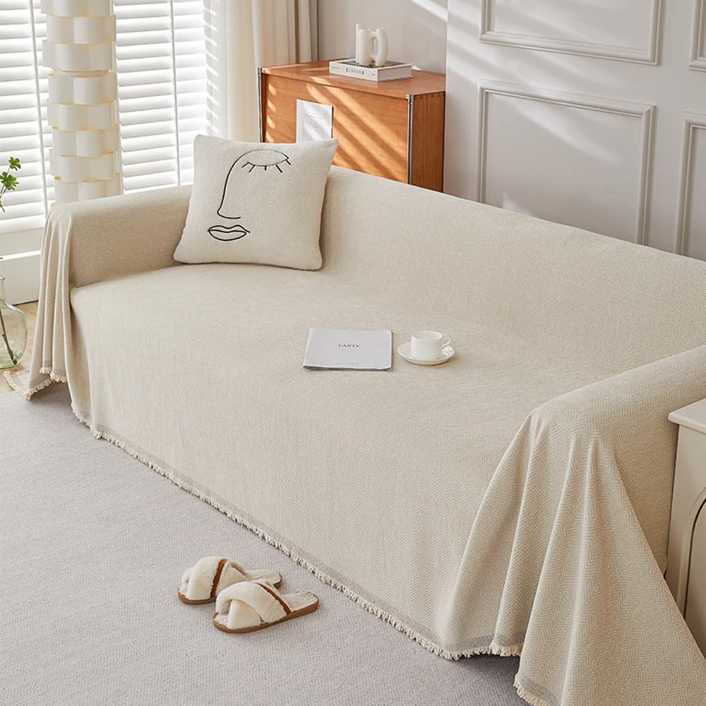 Housse de canapé double face en chenille RKK beige à pompons