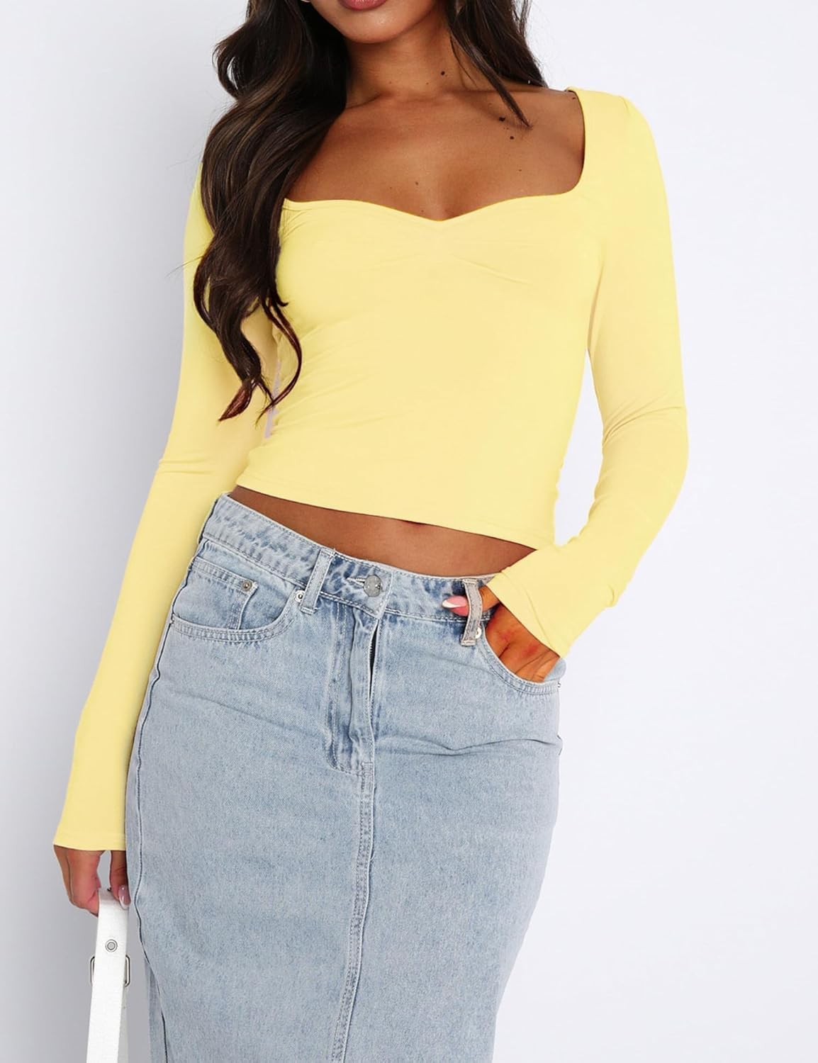 ForeFair Women's Sexy Long Sleeve Going Out Tops Pleated Bustier Shirt Cute Sweetheart Neck Y2K Cropped Top - Image 4