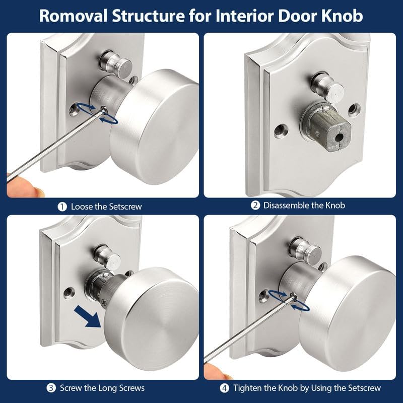 Orger Brushed Nickel Door Knobs Interior, Zinc-Alloy Silver Door Knob with Lock, Heavy Duty Privacy Antique Door Knob for Bathroom and Bedroom, 6 Pack