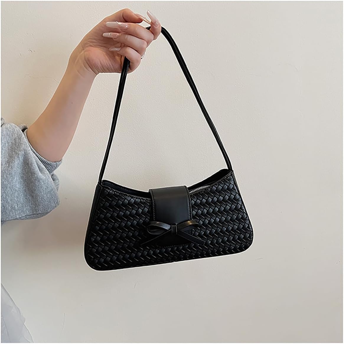 Woven Shoulder Bag for Women PU Leather Hobo Handbag with Bow, Y2K Underarm Purse Textured Clutch for Daily, Work, Travel - Image 3