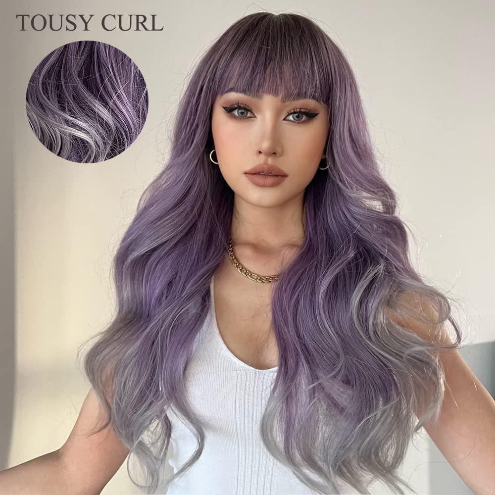 Esmee 24 Inches Long Wavy Ombre Purple to Grey Wigs for Women Natural Synthetic Hair Heat Resistant Ombre Wigs with Bangs for Daily Party Cosplay Use - Image 3