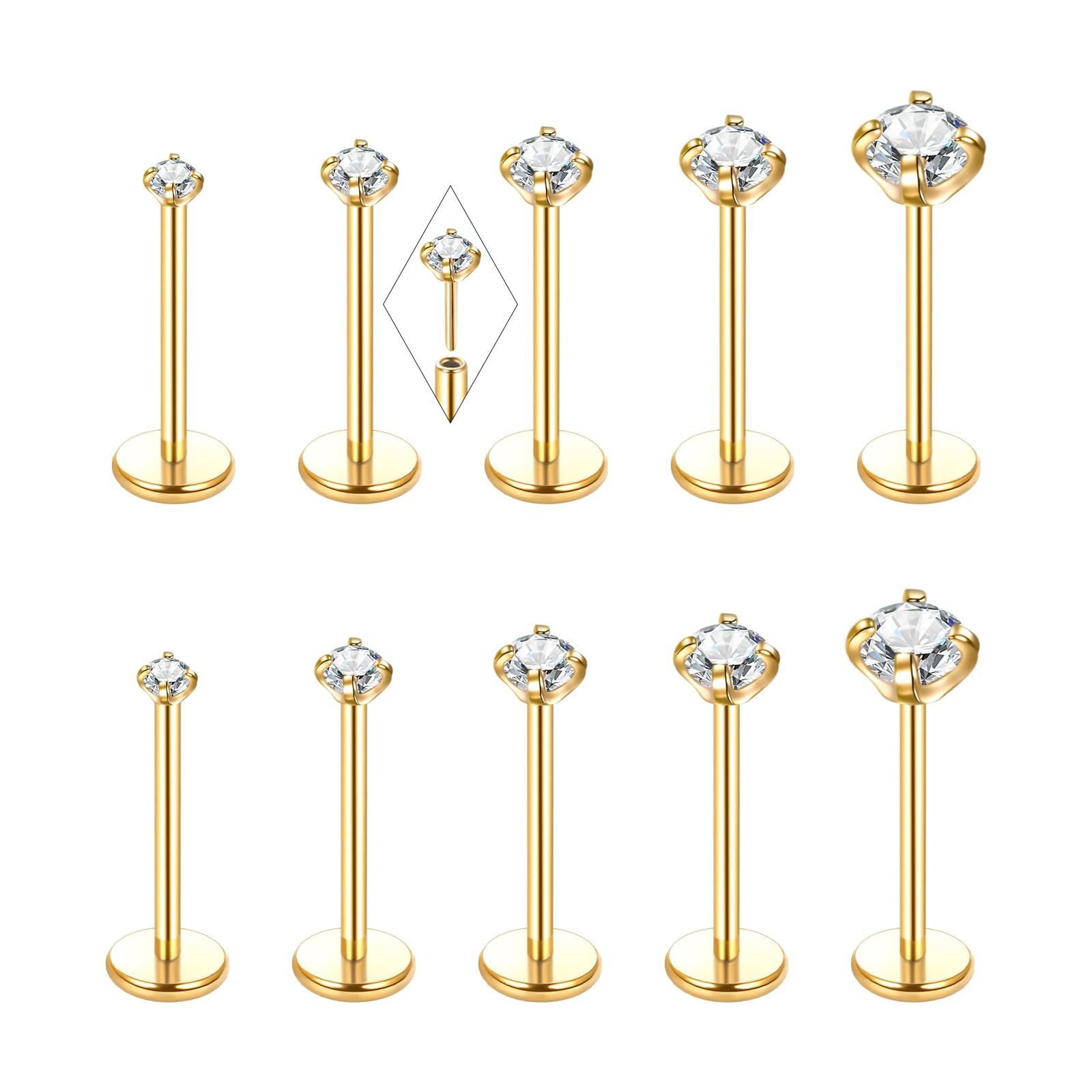 Oveta Threadless Nose Stud Stainless Steel 20G 18G 16G Threadless Flat Back Tragus Earrings Labret Medusa Monroe Ashely Lip Piercing Jewerly Gold