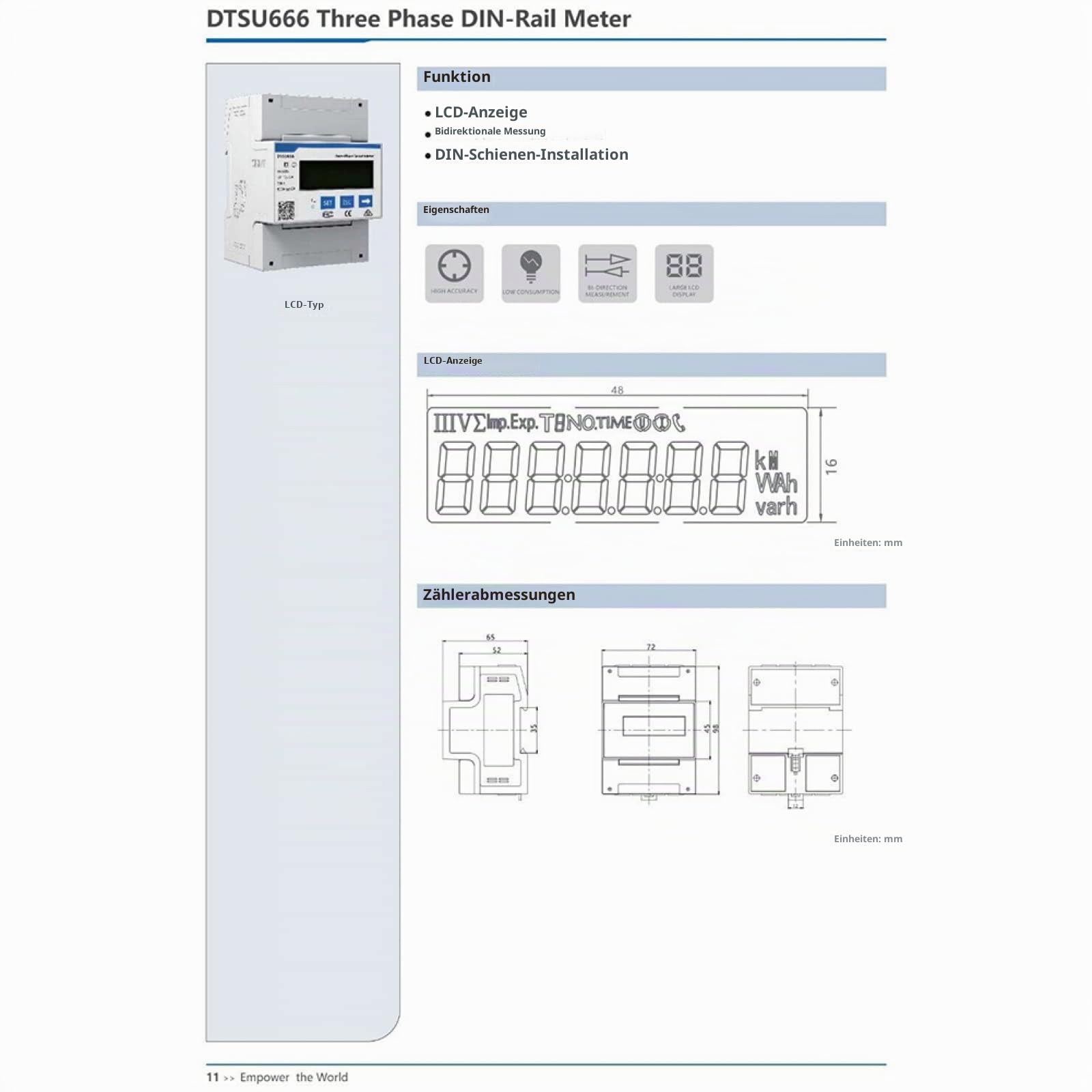 3 Phasen 4P Stromzähler DTSU666 AC Ampere Volt Leistung Energiemonitor Energy Meter, Smartmeter Leistungssensor für PV Anlage DIN 35mm Stromzähler Power Sensor, RS485 Modbus-RTU 3×220/380V 5(80)A