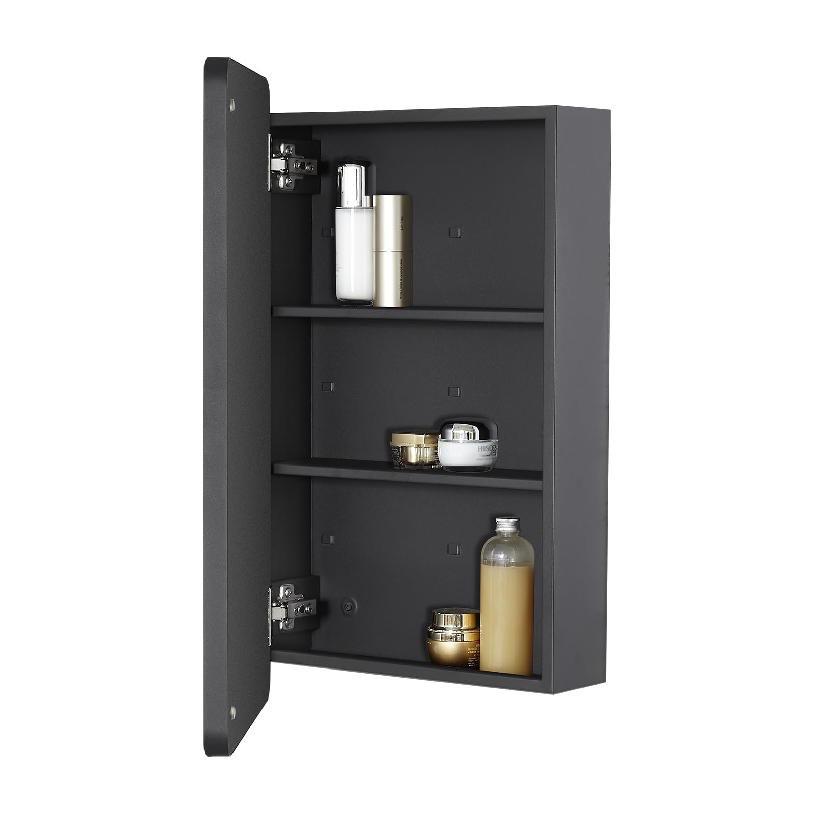 Fundin Mirror Medicine Cabinet for Bathroom - Metal Framed Round Corner Door, Adjustable Shelves, Matte Black, Surface Mount Wall Mounted - 38 x 65 cm