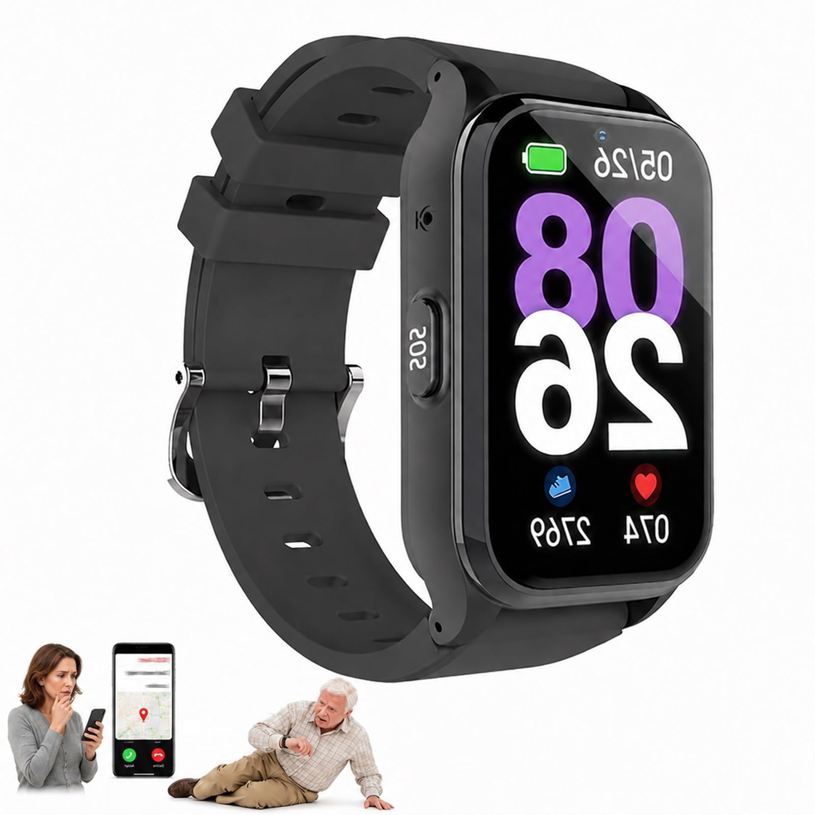 Montre Intelligente SOS pour Seniors avec Traceur GPS 4G et Alerte Chute | Appel 4G, Moniteur de Fréquence Cardiaque et Tension, Messages Vocaux, Grand Écran HD, Batterie de 7 Jours(Noir)