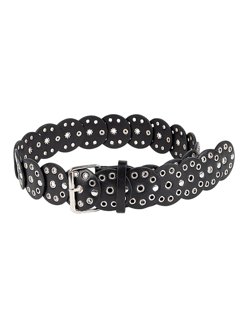 kazo Black Faux Leather Belt with Silver Grommet Details, Braided Design, Oval Ring Buckle, One Size-picture-14