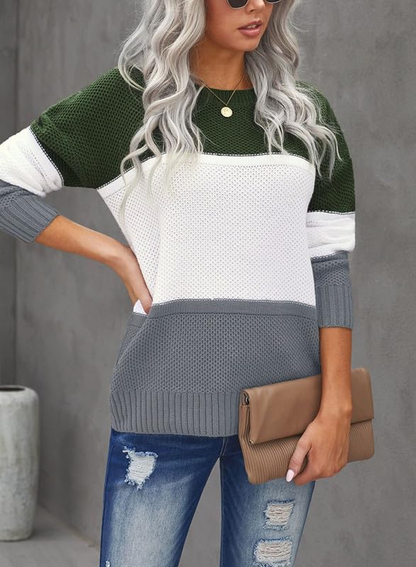Image of Dokotoo Womens Color Block Sweaters Long Sleeve Pullover Knit Tops