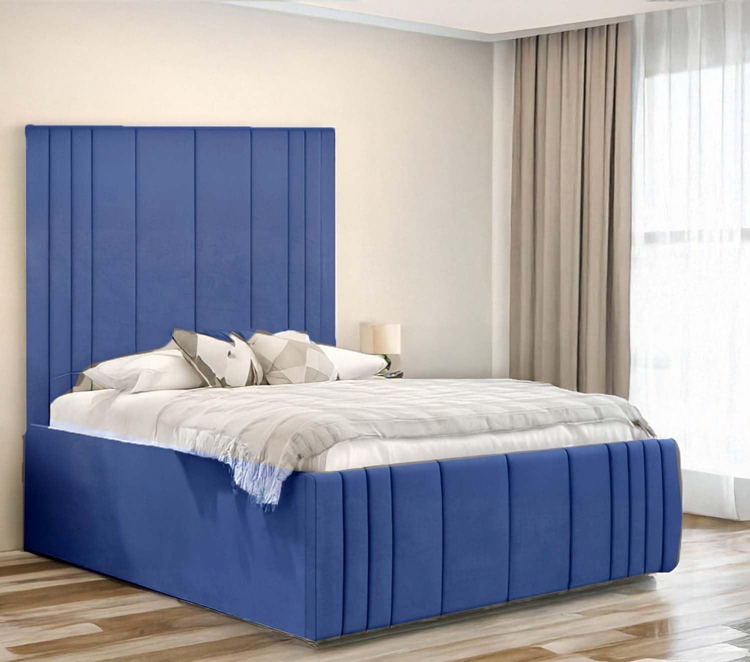 ELEGANT STRIPE DESIGN DIVAN BED FRAME WITH HEADBOARD IN LUXURY PLUSH FABRIC - 3FT SINGLE, 4FT SMALL DOUBLE, 4FT6 DOUBLE, 5FT KING SIZE, 6FT SUPER KING SIZE (BLUE, 3FT SINGLE)
