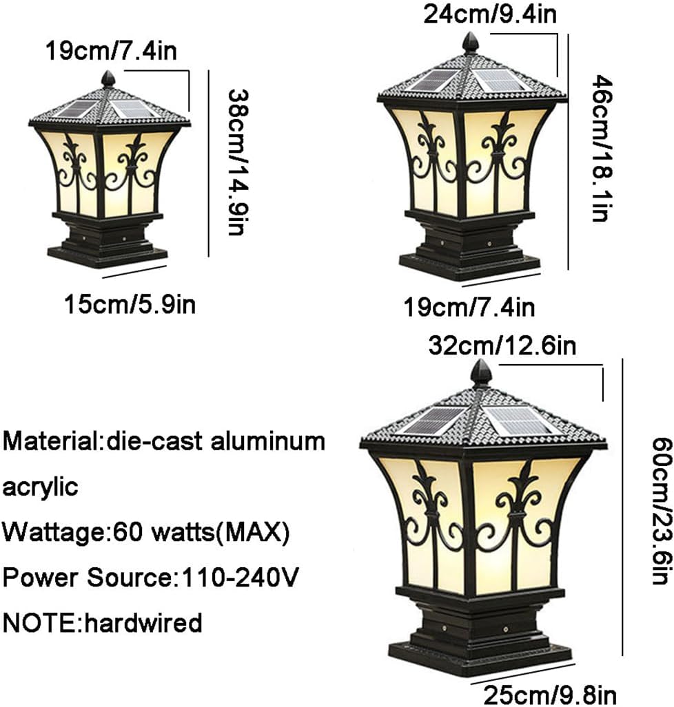 European Led Solar Powered Cap Light Waterproof Vintage Courtyard Pillar Light Outdoor Wall Pillar Headlight Solar Garden Lights for Wall Deck Post Patio Yard Stairway