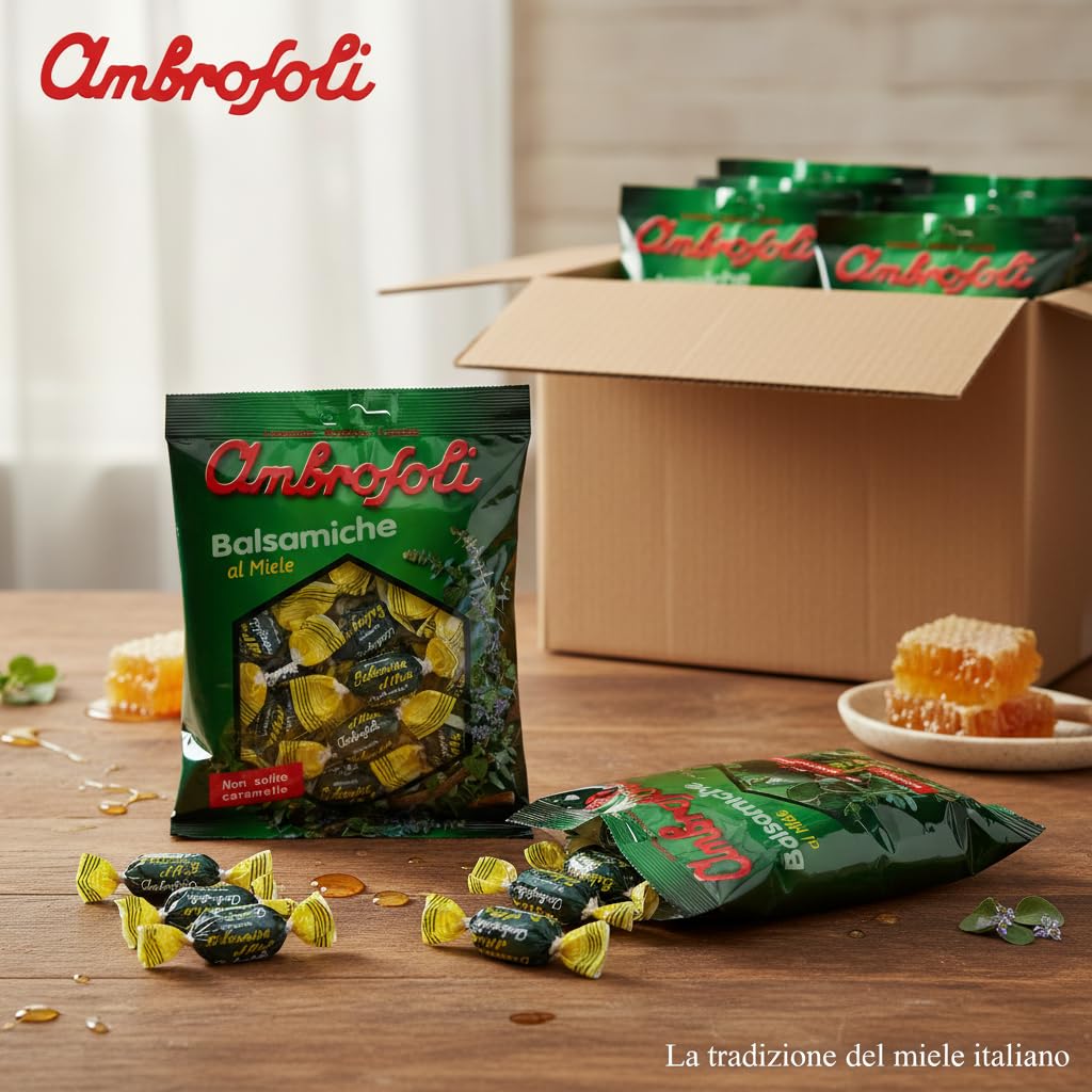 Ambrosoli Caramelle Balsamiche al Miele – Cartone Convenienza 20 Buste da 135 g – Caramelle Balsamiche Rinfrescanti con Miele – Ideali per Ufficio e Casa
