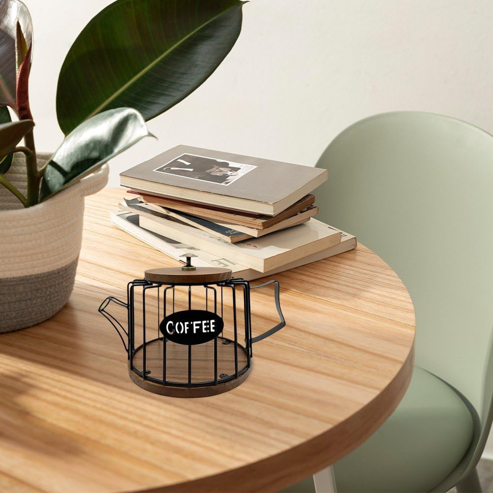 Coffee Holder with Lid, Large Capacity K Cup Holder with Rustic Wooden Base, Black Wire Coffee Storage Basket for Filters Capsules, Cafe Bar Organizer
