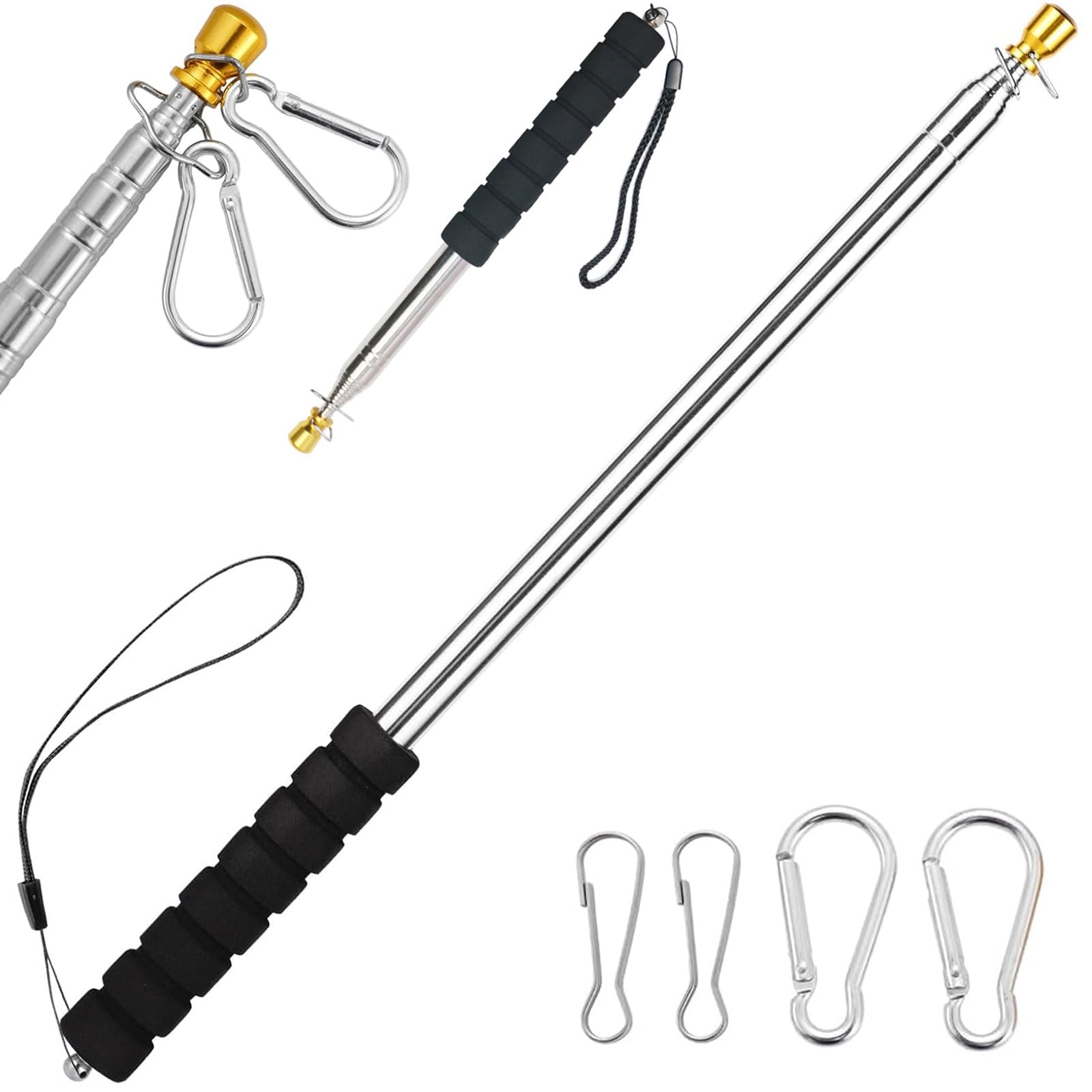 Novastream 2.5M Black Telescopic Flag Pole, Stainless Steel Extendable Flagpole with Clips, Portable Handheld Retractable Festival Flag Pole for Tour Guide, Camping