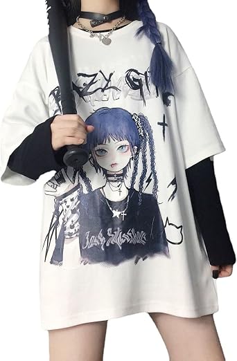 Harajuku Kawaii Anime T-Shirt Gothic Y2k Top for Girl Teen Short Sleeve Oversize Pullover Streetwear Japanese JK Cosplay