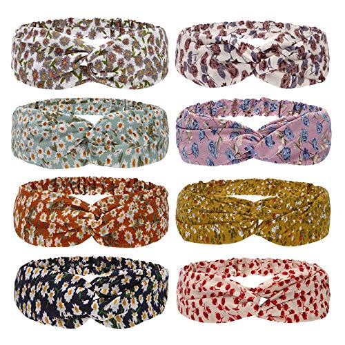Folora 8pcs Multicolored Twisted Criss Cross Elastic Headbands Soft Chiffon Floral Bohemian Hair Bands for Women Girls