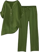 HOOUDO Linen Lounge Wear Sets for Women UK Ladies Tracksuit Set 2 Piece Summer Outfits Co Ord Sets 2026 Long Sleeve Blouses Tops and Wide Leg Trousers Casual Solid Loungewear Activewear with Pockets