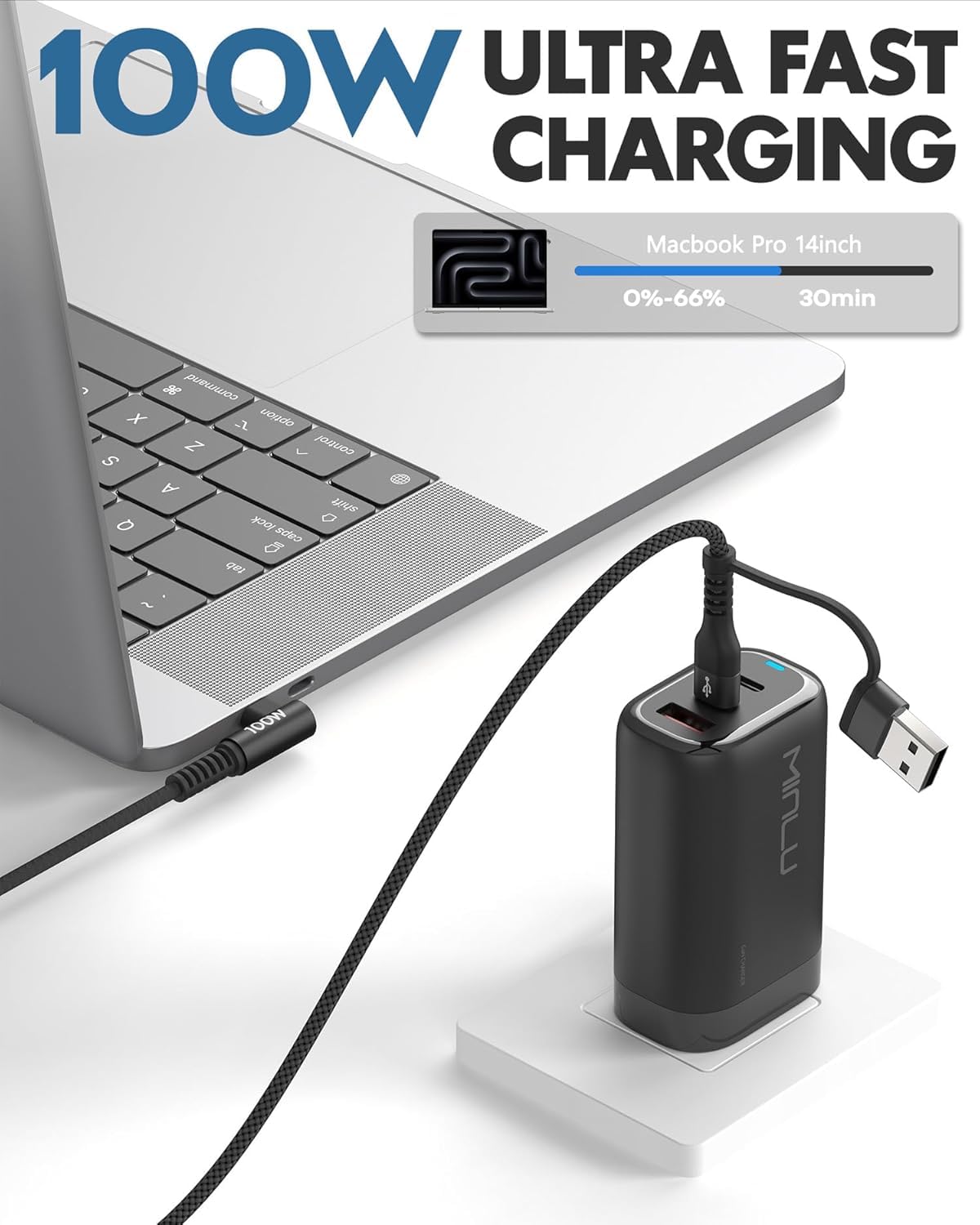 Minlu Cavo USB C A USB C Corto 30 Cm, Angolo 90 Gradi, Ricarica Rapida 100W E Trasferimento Dati 480Mbps, Intrecciato, Per IPhone 15, IPad, Samsung