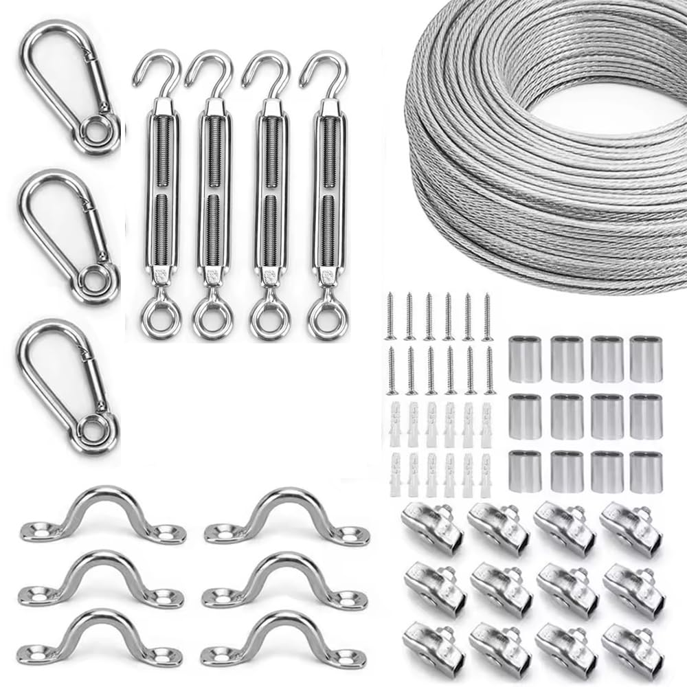 NEWFUN kabel ze stali nierdzewnej 5 mm, kabel ze stali 60 m i akcesoria 304 stal nierdzewna do prowadnicy światła, poręczy tarasowej, żagla cieniującego, przędza do prania fotograficznego (60M)