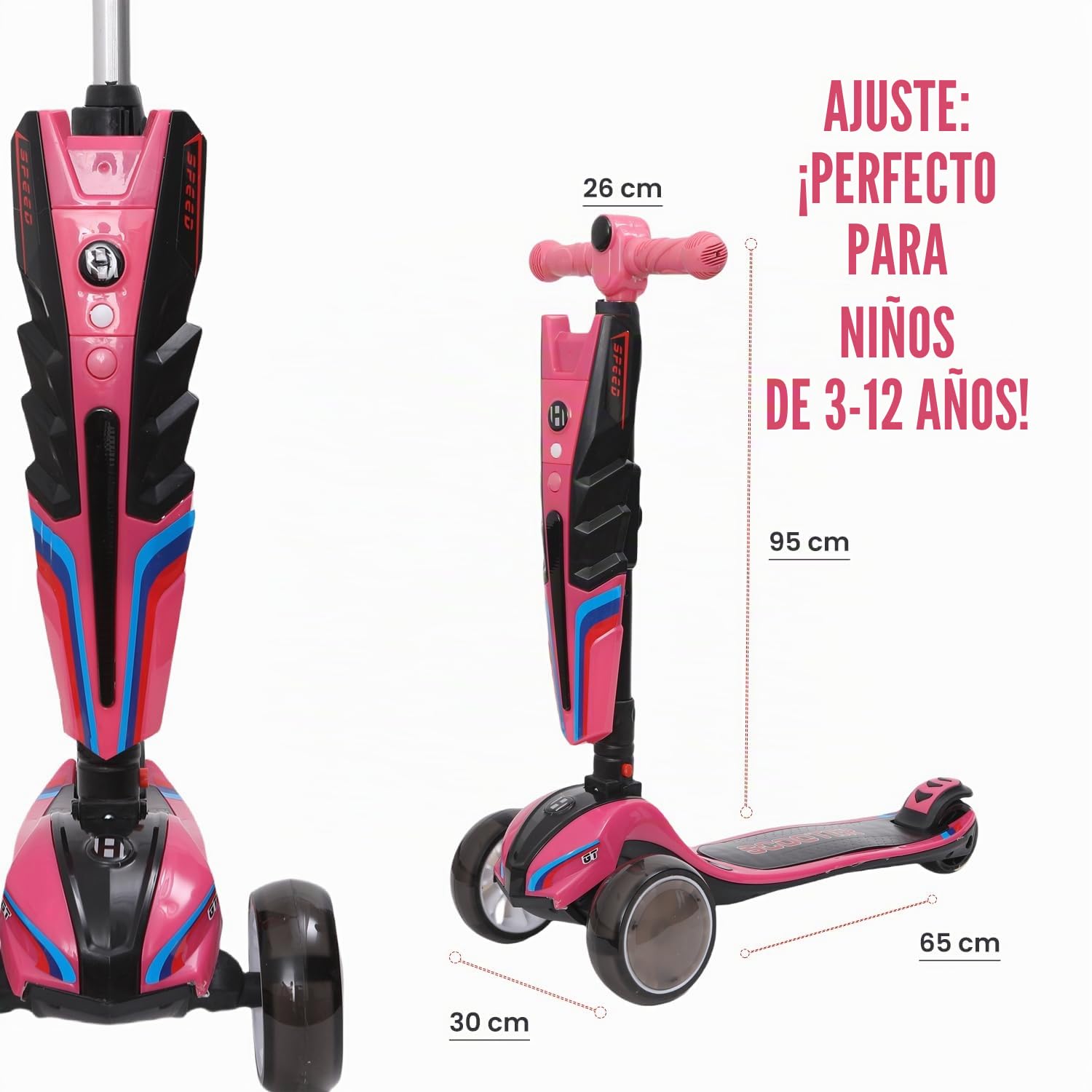 Habib - Patinete infantil con luces LED, 3 ruedas, plegable, altura regulable, para niños y niñas, 3-12 años, hasta 50 kg