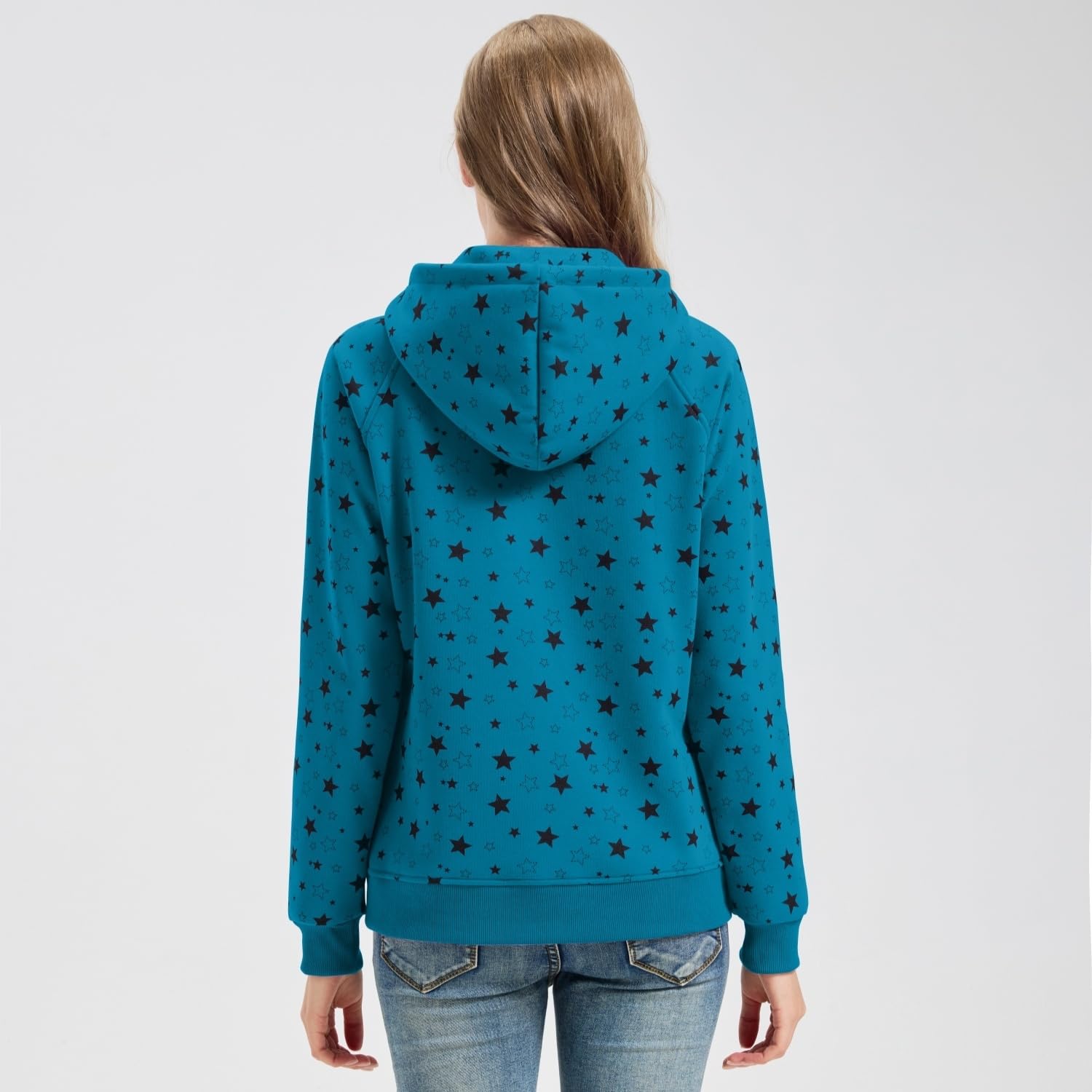 Hoodie Damen Sweatjacke mit Sternenprint Kapuzenpullover Pulli mit Reissverschluss Frühling Herbst Fleece Kapuzenjacke