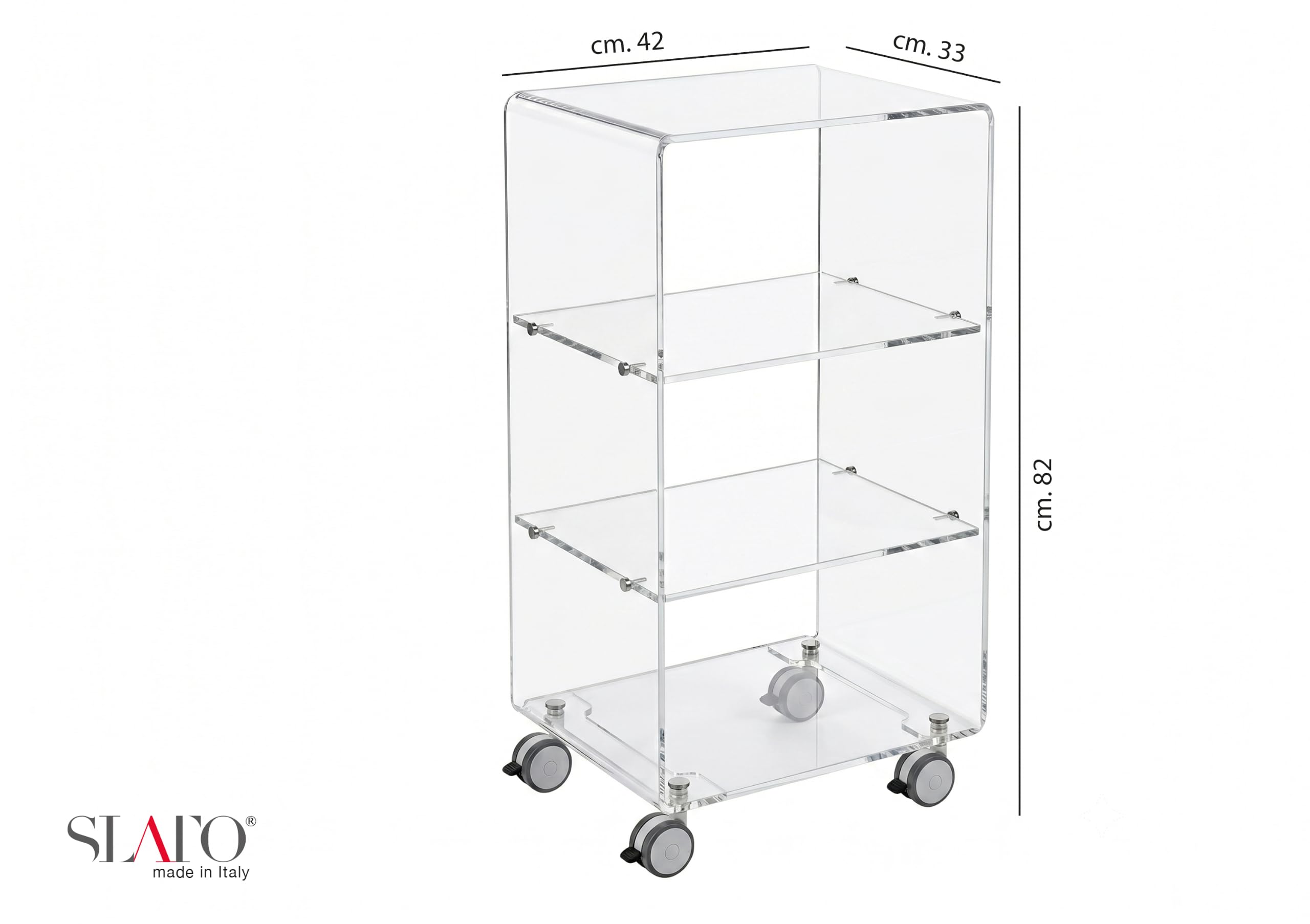 SLATO Cleo grande/Tavolino in cristallo acrilico trasparente a quattro ripiani con ruote,compatto/leggero/design elegante,adatto per soggiorno,ingresso,lato divano,Made in Italy(cm. L.42 x P.33 x H82)