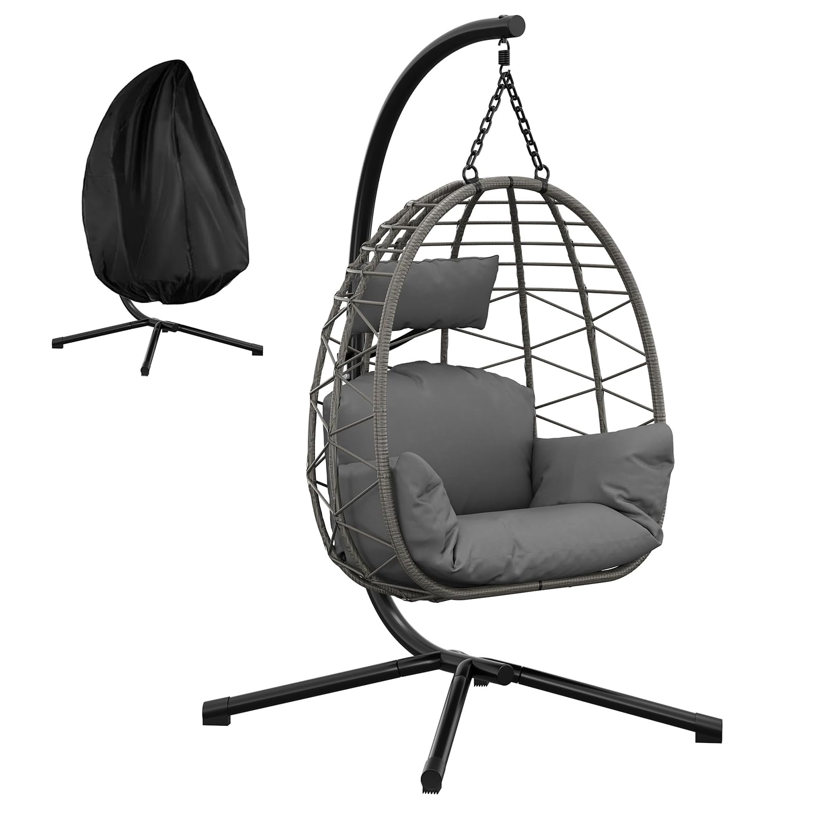 Fauteuil Suspendu Œuf en Rotin avec Support, Pliable & Hauteur Réglable – Housse Imperméable Incluse – Résistant aux Intempéries, Montage Ultra Facile – Idéal pour Jardin, Terrasse, Balcon et Intérieu