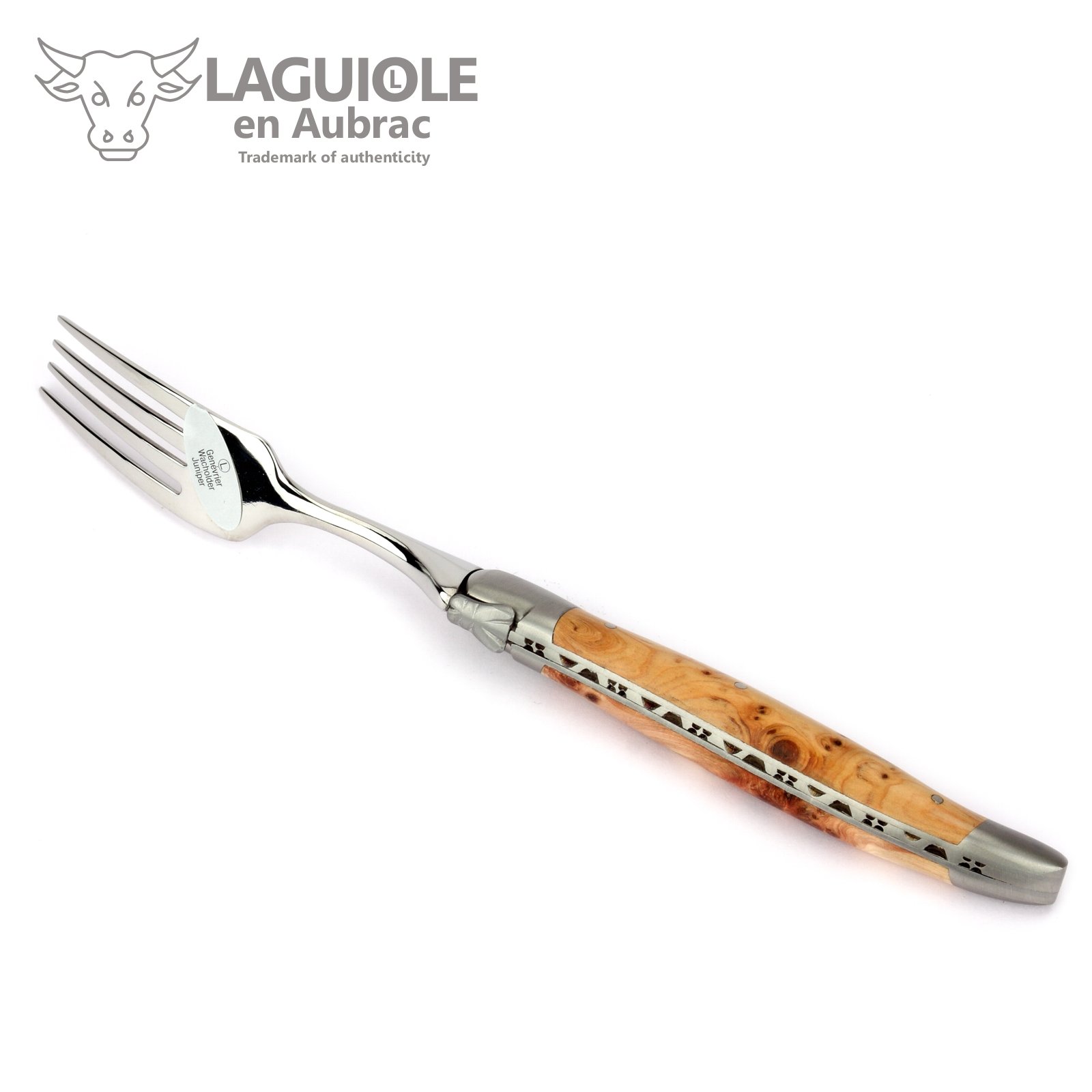Laguiole en Aubrac - 1 Steakmesser und 1 Gabel im Besteck-Set - Griff Wacholder Holz - Original Frankreich mit Zertifikat