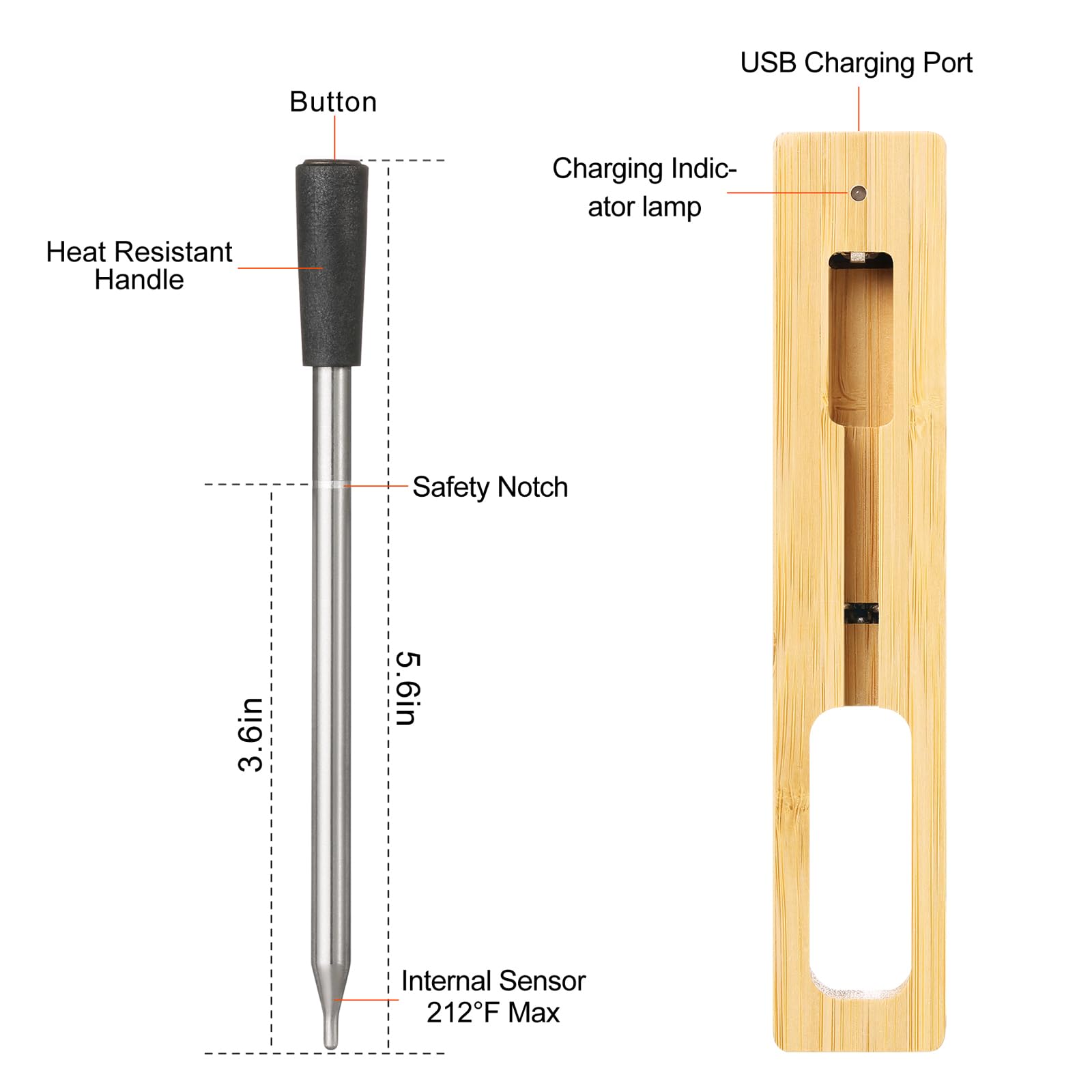 XoTiq Termómetro inalámbrico Inteligente para Carne, termómetro para Carne con Bluetooth, 2 sondas, termómetro inalámbrico para Carne a Prueba de Agua IP67, Carne, Barbacoa, ahumador, Pollo