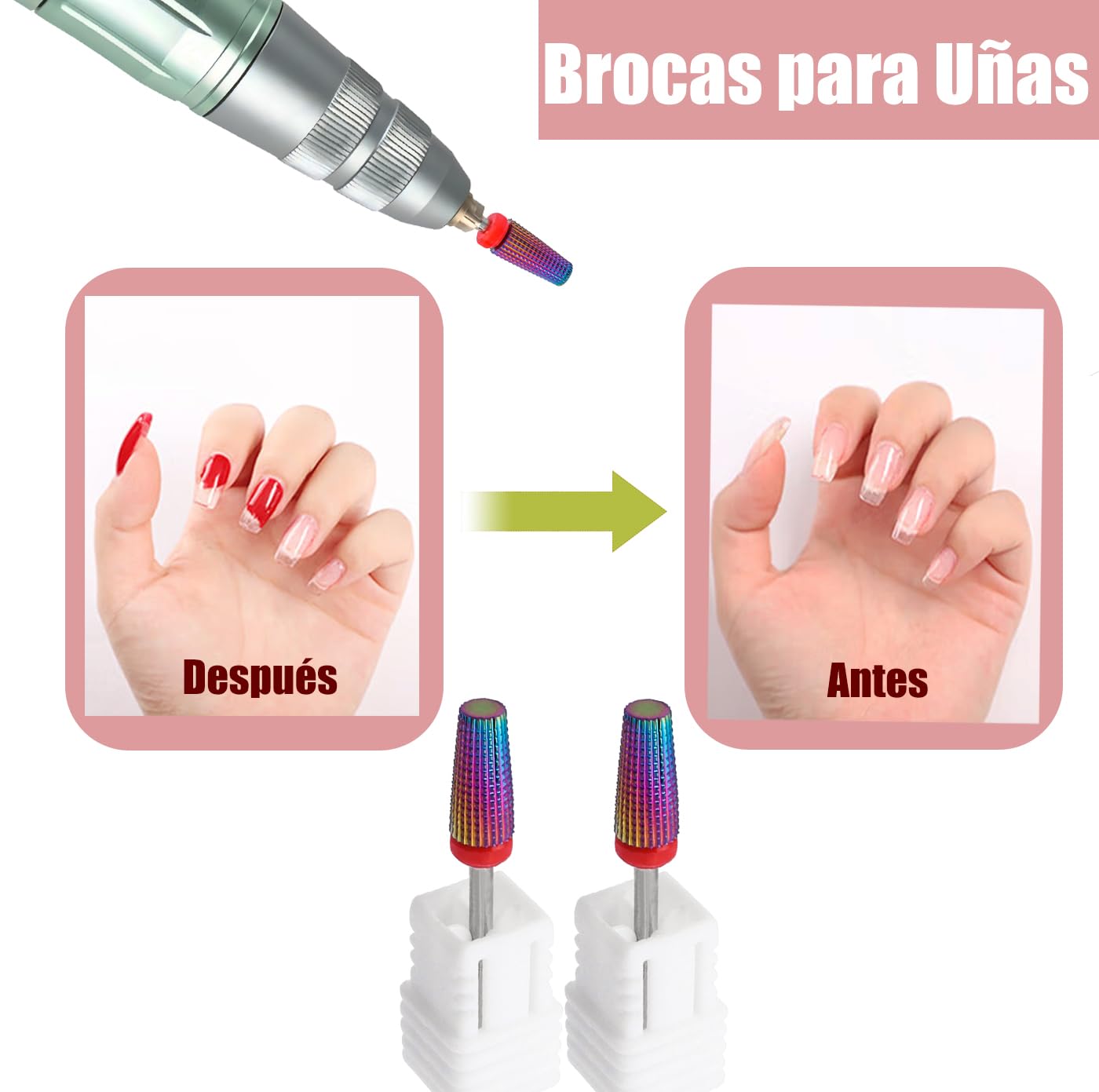Broca Manicura, 5 en 1 Juego de 2 Brocas para Taladro de Uñas 3/32 Taladro de uñas multifunción con forma cónica broca profesional para máquina de manicura de uñas F(fino)