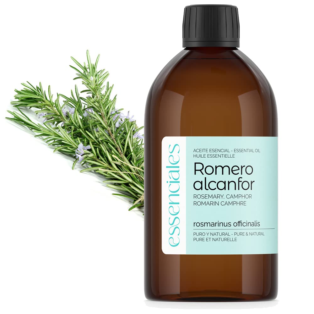 ESSENCIALES Aceite Esencial de Romero Alcanfor 500 ml – 100% Puro y Natural – Ideal para Masaje Corporal, Aromaterapia y Difusor