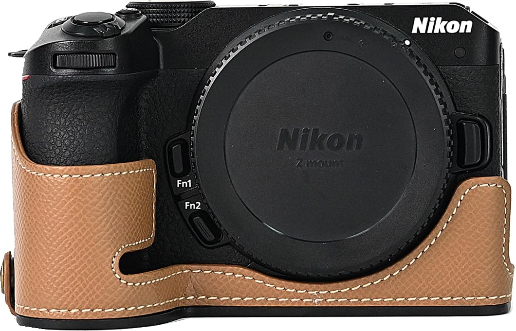 Z30 Case, BMAOLLONGB Handmade PU Carbon Fibre Leather Half Camera Case Bag Cover Bottom Opening Version for Nikon Z30 with Hand Strap (Brown)