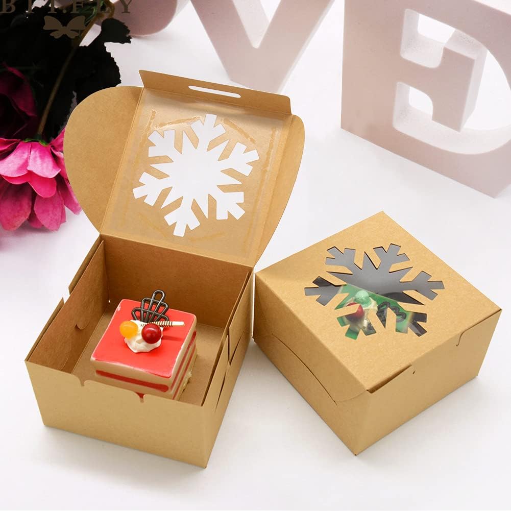 25 Pcs Christmas Cookie Boxes with Window Snowflake Square Kraft Boxes Brown Paper Bakery Box for Winter Christmas Wedding Party - Image 6