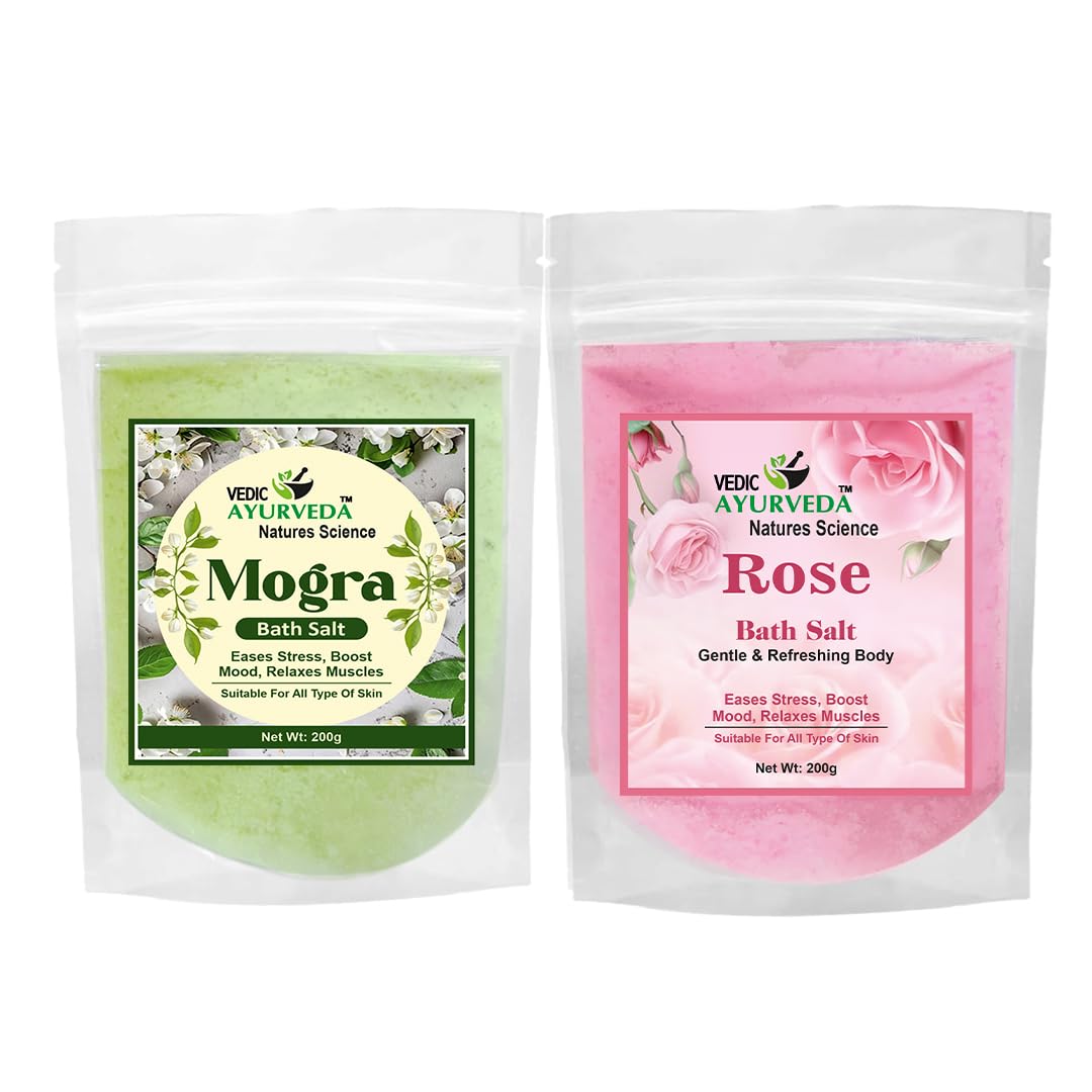 Vedic Ayurveda Mogra & Rose Bath Salt Combo | 2 x 200g | Floral Aromatherapy Spa Salt for Muscles Aches Pain Relief & Skin Glow | Herbal Bath Soak for Men & Women-image-46